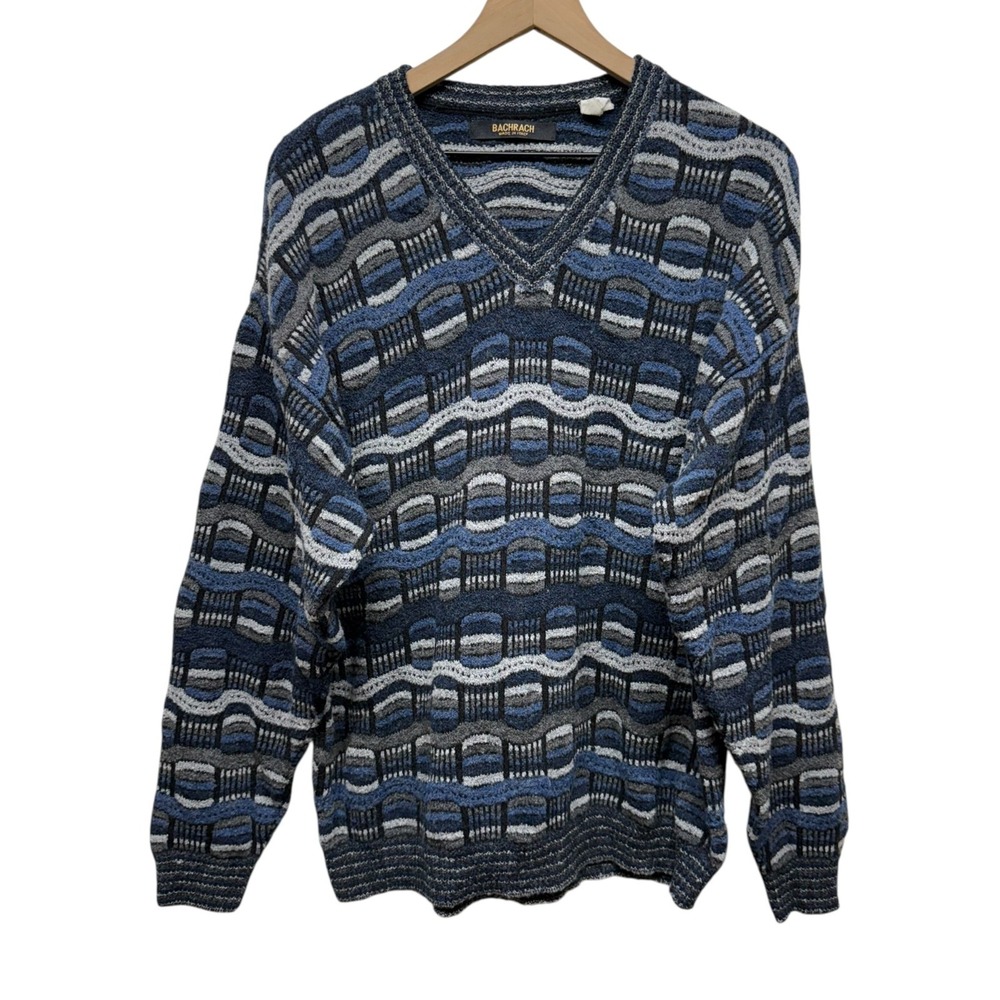 Vtg 90s Bachrach 3D Knit Sweater Mens L Blue Gray Wool Blend Grandpa Abstract